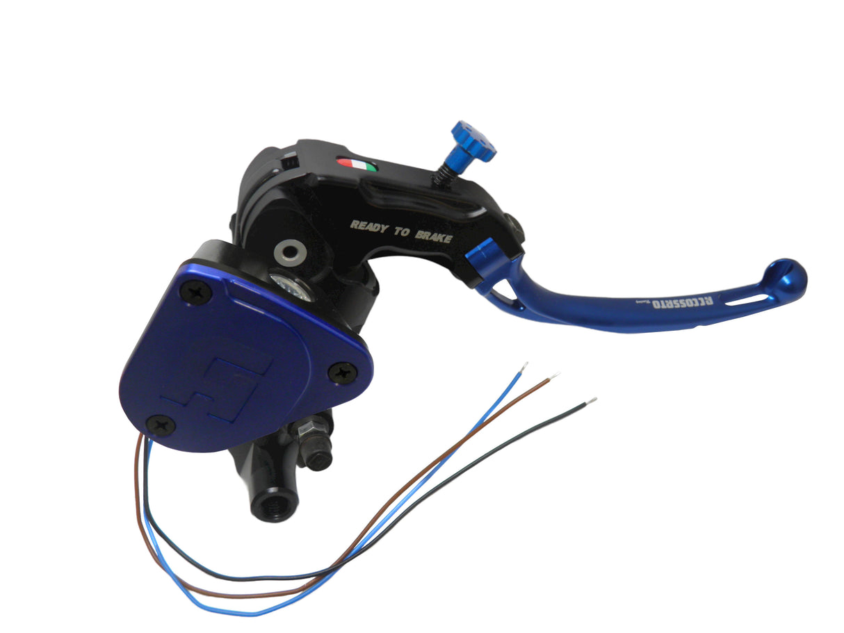 Pompa Freno Ready To Brake Accossato 16x16 Con Leva Snodata Colorata (Pomello+Leva) - Supporto specchio: M8, Vaschetta in Alluminio Integrata: Blu