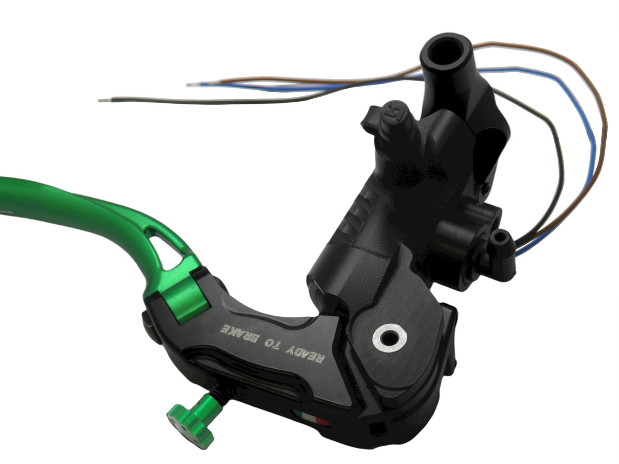 Pompa Freno Ready To Brake Accossato 16x16 Con Leva Snodata Colorata (Pomello+Leva) - Supporto specchio: M8, Vaschetta in Alluminio Integrata: - N/A