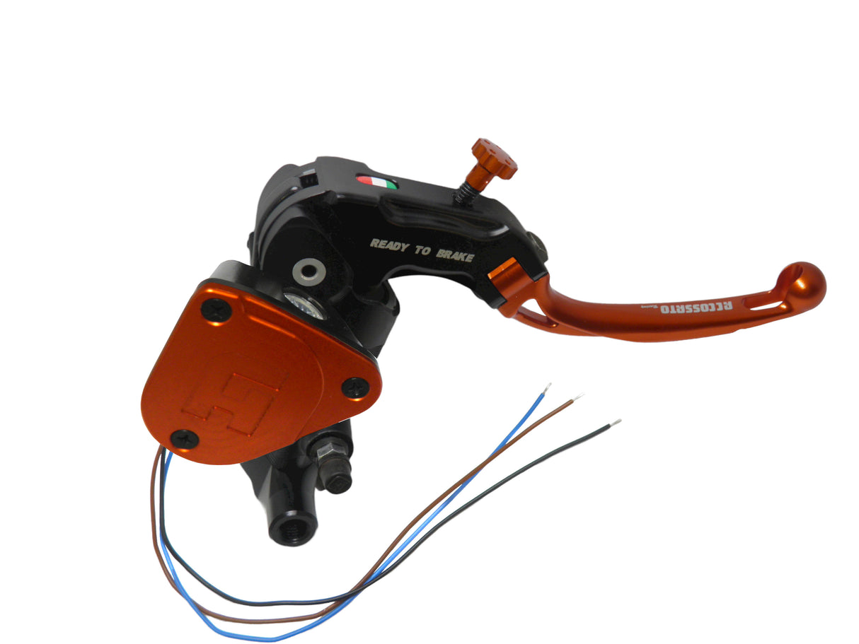Pompa Freno Ready To Brake Accossato 16x16 Con Leva Snodata Colorata (Pomello+Leva) - Supporto specchio: M8, Vaschetta in Alluminio Integrata: Arancione