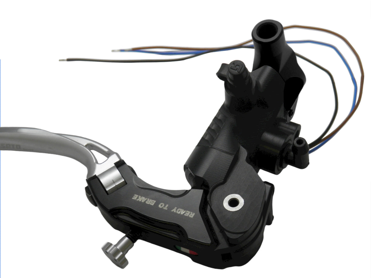 Pompa Freno Ready To Brake Accossato 16x16 Con Leva Snodata Colorata (Pomello+Leva) - Supporto specchio: M8, Vaschetta in Alluminio Integrata: - N/A