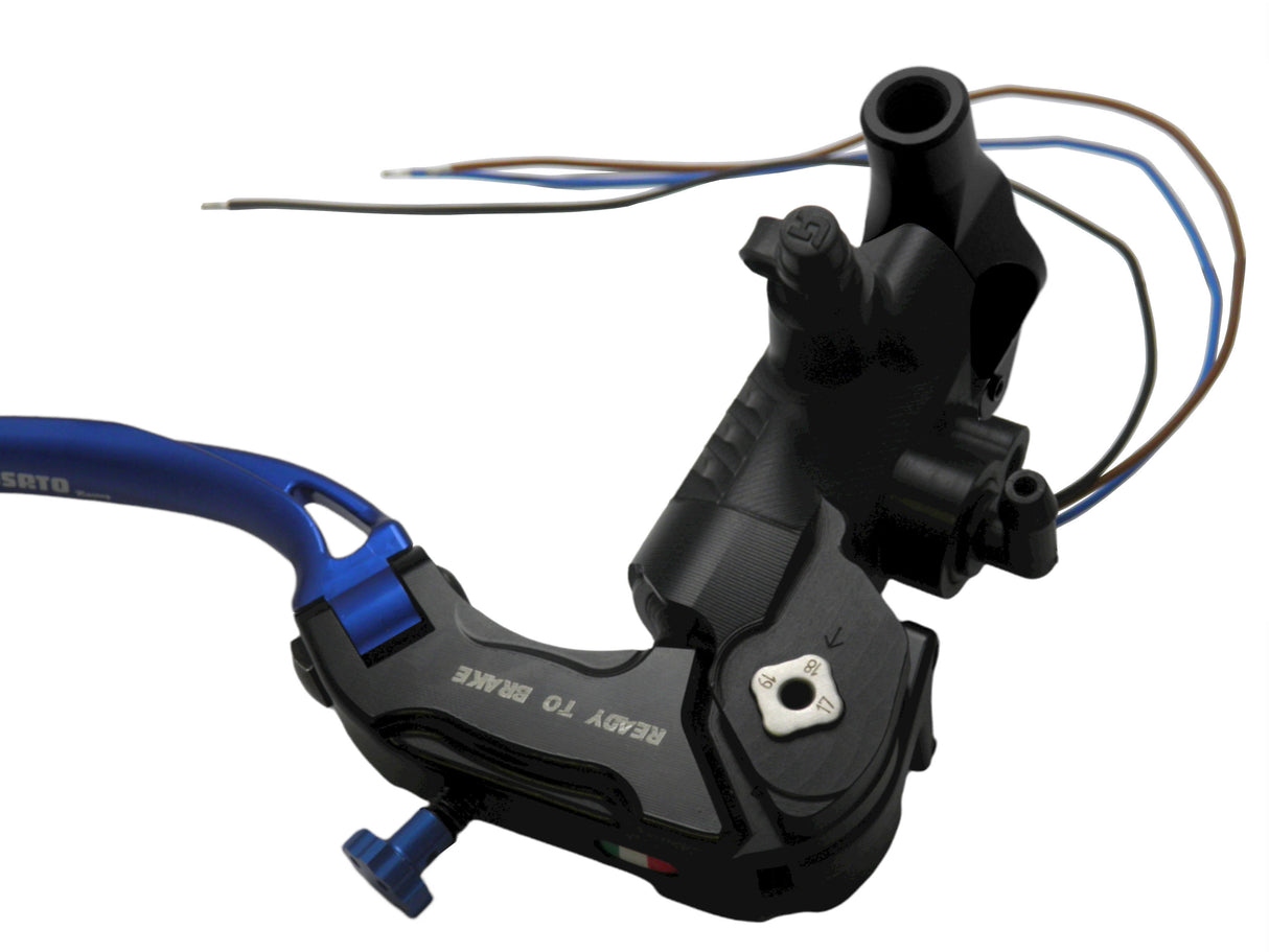 Pompa Freno Ready To Brake Accossato PRS 16x17-18-19 Con Leva Snodata Colorata (Pomello+Leva) - Opzioni leva: RST, Supporto specchio: M10, Vaschetta in Alluminio Integrata: - N/A