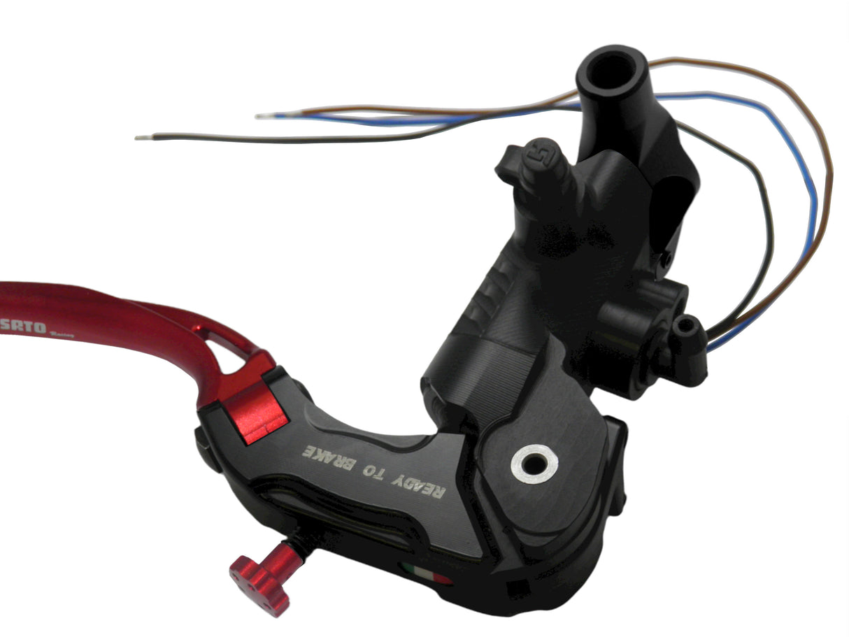 Pompa Freno Ready To Brake Accossato 19x18 Con Leva Snodata Colorata (Pomello+Leva) - Supporto specchio: M10, Vaschetta in Alluminio Integrata: - N/A