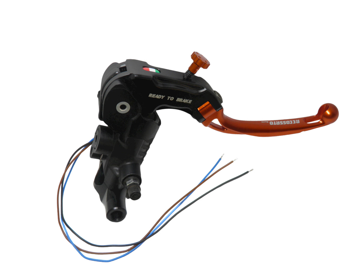 Pompa Freno Ready To Brake Accossato 19x19 Con Leva Snodata Colorata (Pomello+Leva) - Supporto specchio: M8, Vaschetta in Alluminio Integrata: - N/A