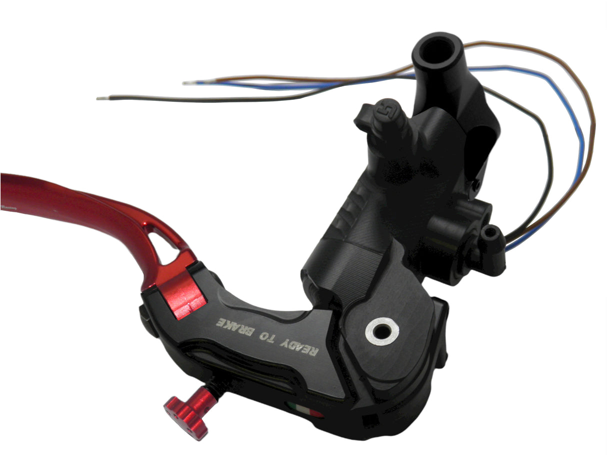 Pompa Freno Ready To Brake Accossato 19x19 Con Leva Snodata Colorata (Pomello+Leva) - Supporto specchio: M8, Vaschetta in Alluminio Integrata: - N/A
