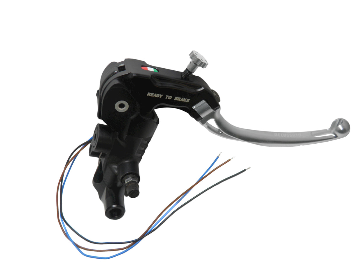 Pompa Freno Ready To Brake Accossato 19x19 Con Leva Snodata Colorata (Pomello+Leva) - Supporto specchio: M10, Vaschetta in Alluminio Integrata: - N/A