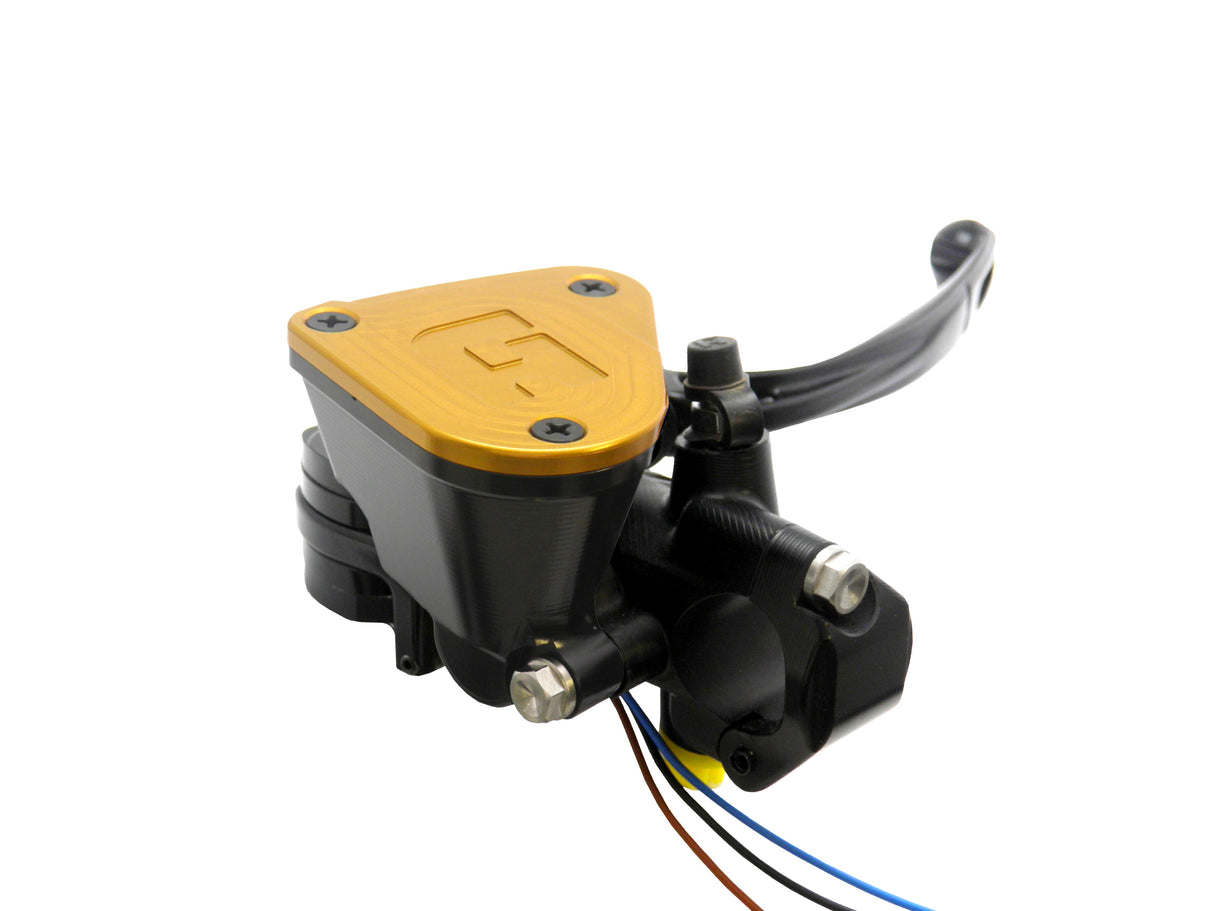 Pompa Freno Ready To Brake Accossato 19x19 Con Leva Snodata Colorata (Pomello+Leva) - Supporto specchio: M10, Vaschetta in Alluminio Integrata: Oro