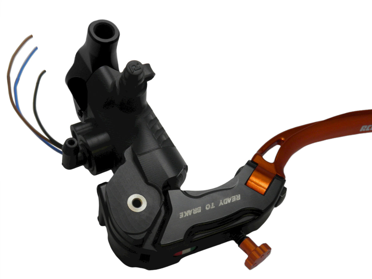 Pompa Frizione Ready To Brake Accossato 16x16 Con Leva Snodata Colorata (Pomello+Leva) - Supporto specchio: M10, Vaschetta in Alluminio Integrata: - N/A