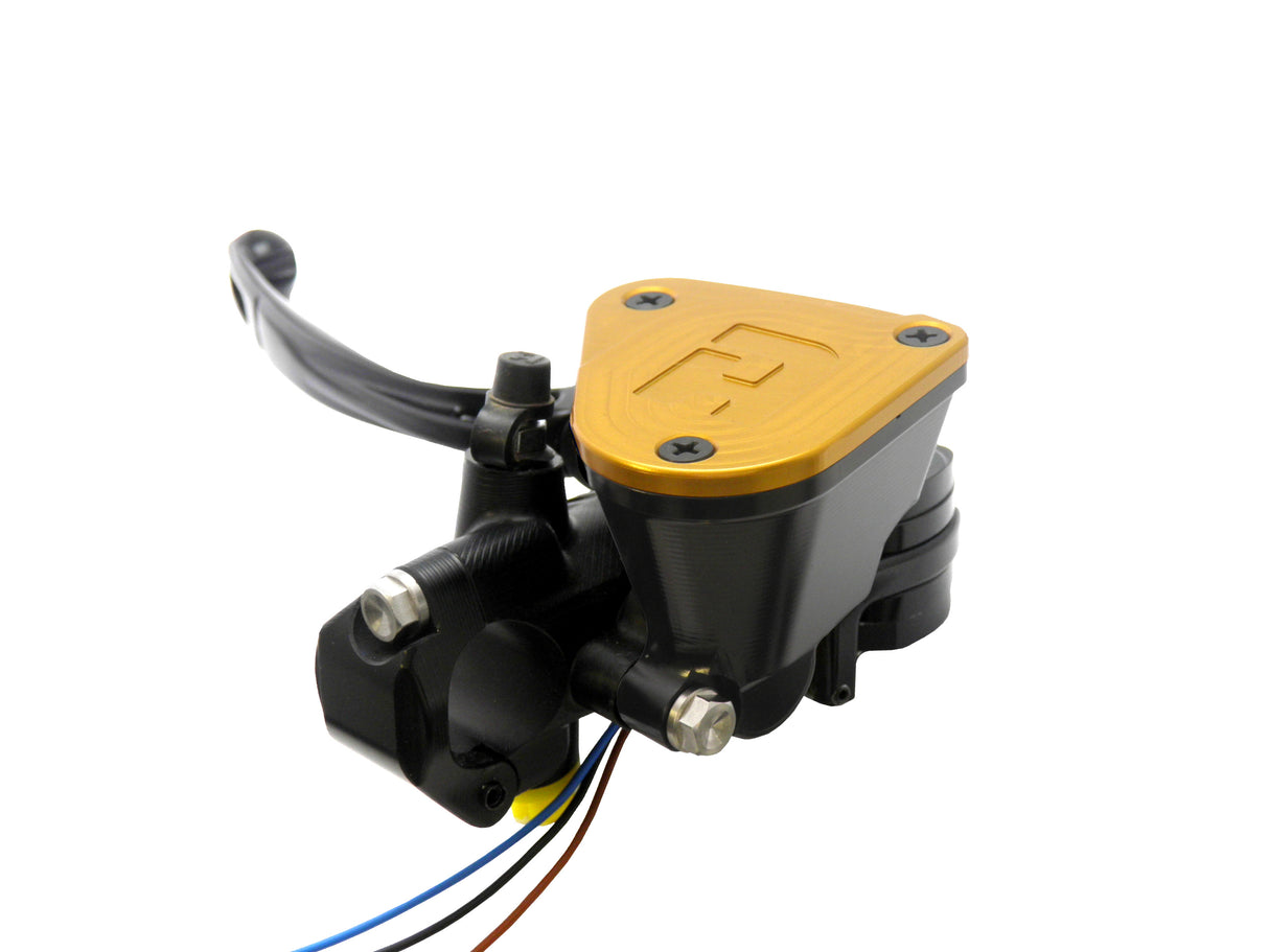 Pompa Frizione Ready To Brake Accossato 16x16 Con Leva Snodata Colorata (Pomello+Leva) - Supporto specchio: M8, Vaschetta in Alluminio Integrata: Oro