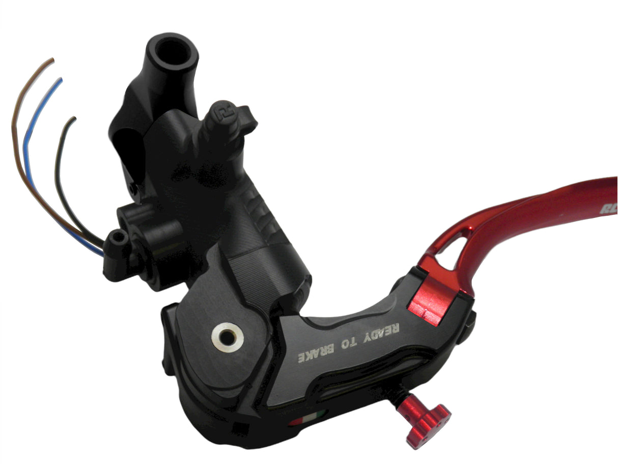 Pompa Frizione Ready To Brake Accossato 16x18 Con Leva Snodata Colorata (Pomello+Leva) - Supporto specchio: M8, Vaschetta in Alluminio Integrata: - N/A