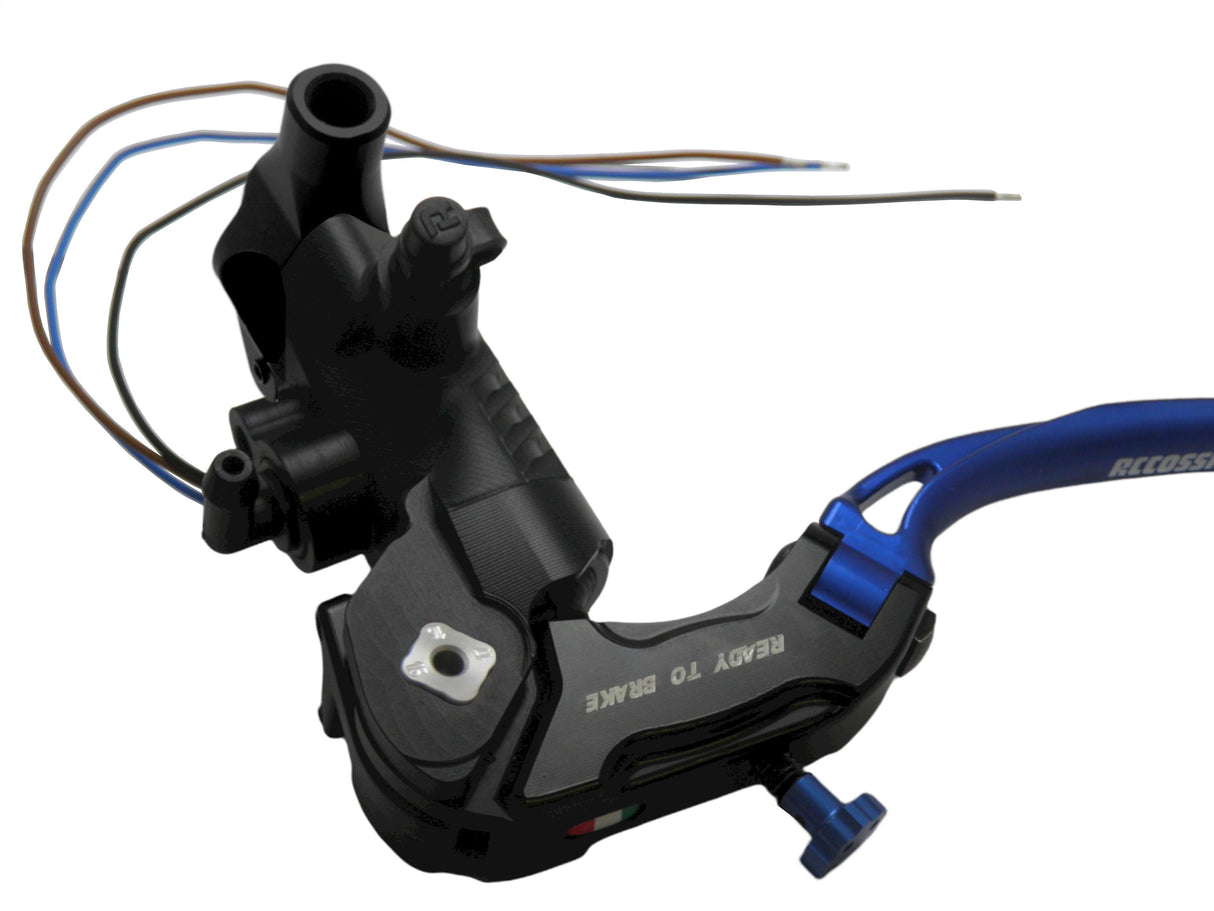 Pompa Frizione Ready To Brake Accossato PRS 16x15-16-17 Con Leva Snodata Colorata (Pomello+Leva) - Opzioni leva: RST, Supporto specchio: M10, Vaschetta in Alluminio Integrata: - N/A
