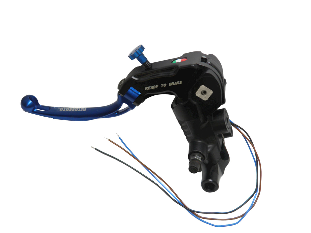 Pompa Frizione Ready To Brake Accossato PRS 16x15-16-17 Con Leva Snodata Colorata (Pomello+Leva) - Opzioni leva: RST, Supporto specchio: M8, Vaschetta in Alluminio Integrata: - N/A