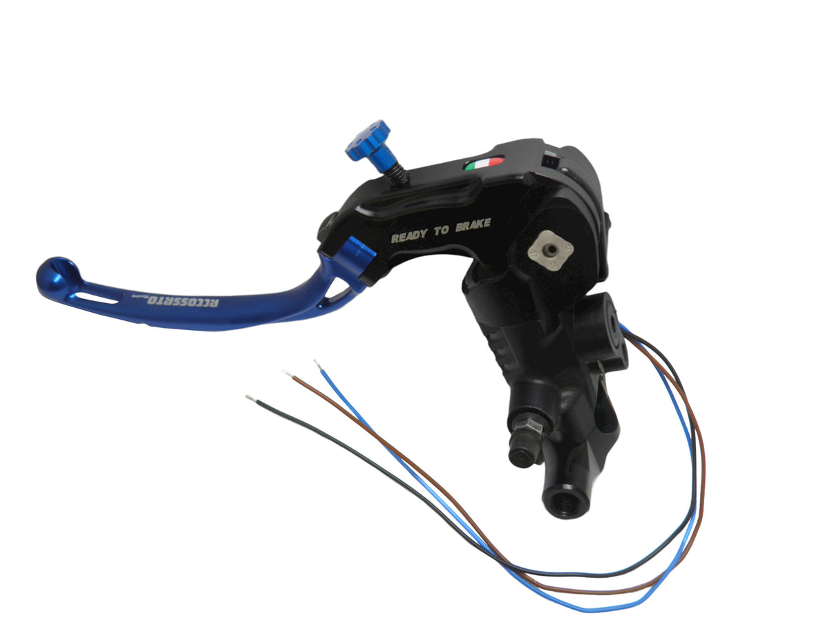 Pompa Frizione Ready To Brake Accossato PRS 16x15-16-17 Con Leva Snodata Colorata (Pomello+Leva) - Opzioni leva: RST, Supporto specchio: M10, Vaschetta in Alluminio Integrata: - N/A