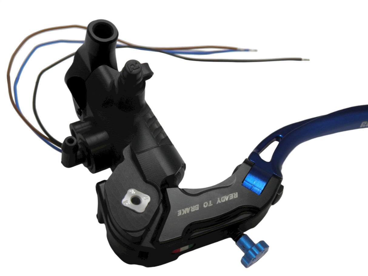 Pompa Frizione Ready To Brake Accossato PRS 16x15-16-17 Con Leva Snodata Colorata (Pomello+Leva) - Opzioni leva: RST, Supporto specchio: M10, Vaschetta in Alluminio Integrata: - N/A