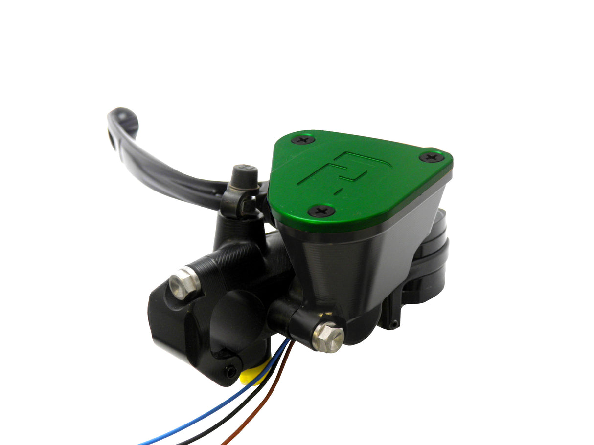 Pompa Frizione Ready To Brake Accossato PRS 16x15-16-17 Con Leva Snodata Colorata (Pomello+Leva) - Opzioni leva: RST, Supporto specchio: - N/A, Vaschetta in Alluminio Integrata: Verde