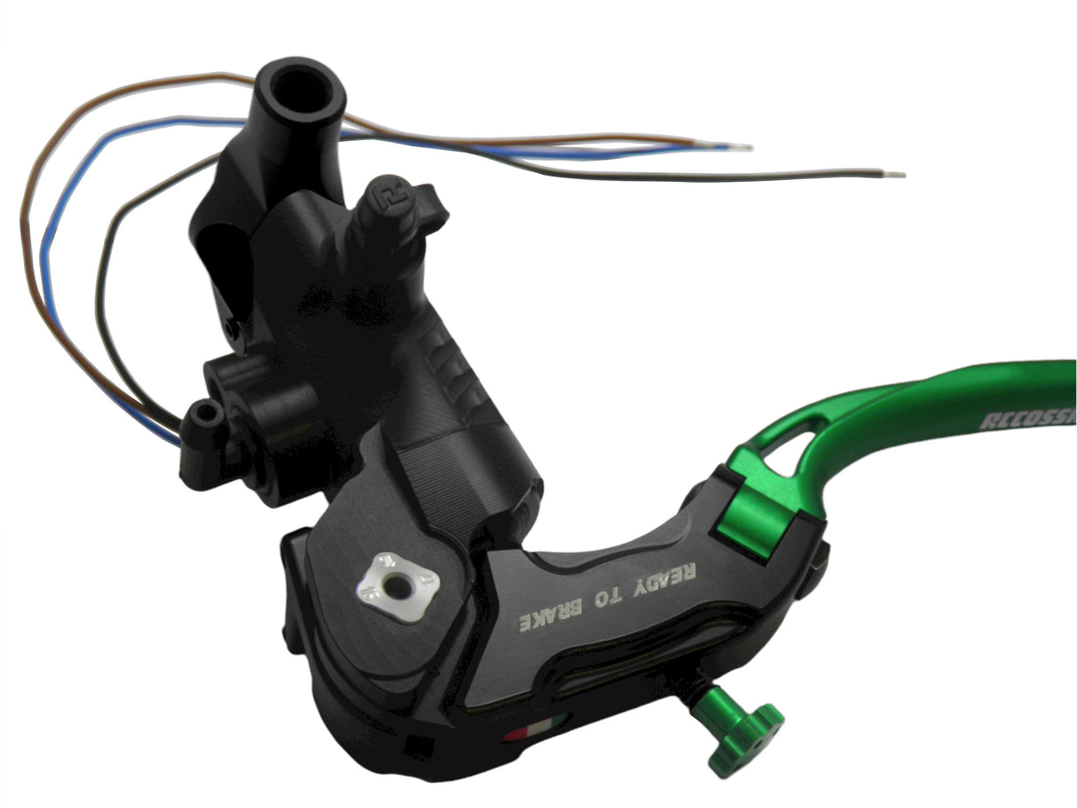 Pompa Frizione Ready To Brake Accossato PRS 16x15-16-17 Con Leva Snodata Colorata (Pomello+Leva) - Opzioni leva: RST, Supporto specchio: M10, Vaschetta in Alluminio Integrata: - N/A
