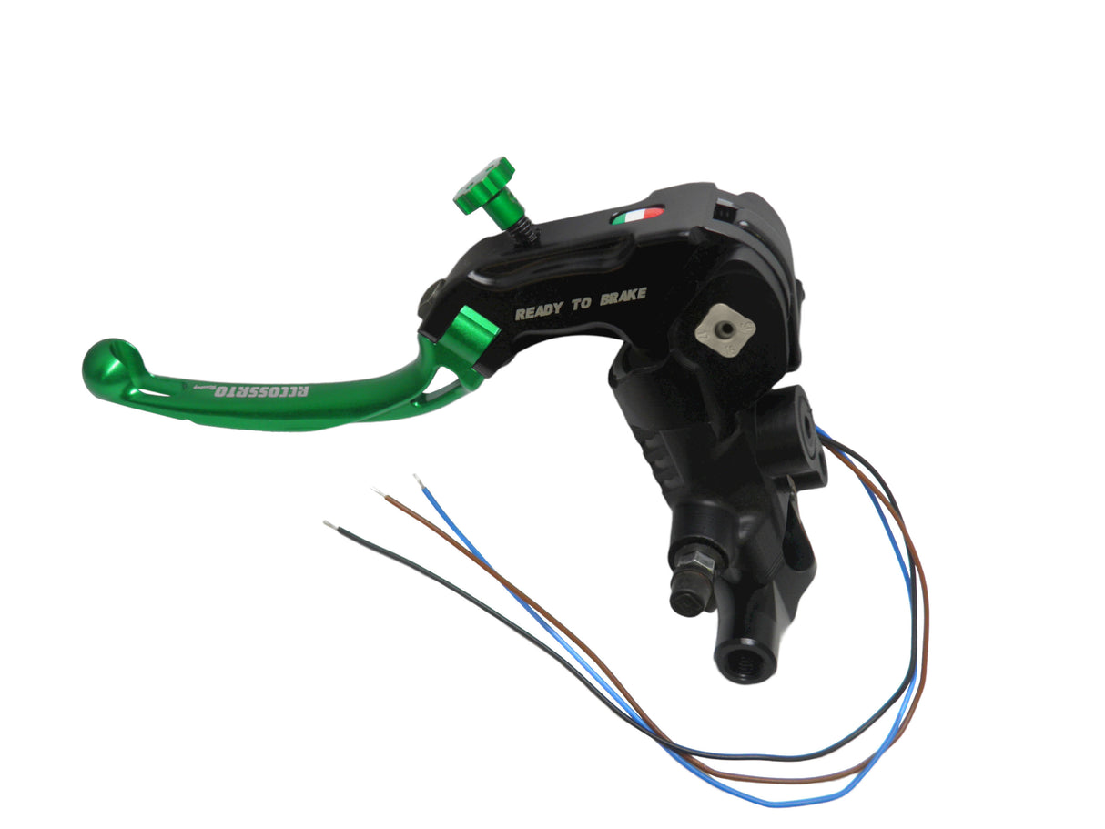 Pompa Frizione Ready To Brake Accossato PRS 16x15-16-17 Con Leva Snodata Colorata (Pomello+Leva) - Opzioni leva: RST, Supporto specchio: M8, Vaschetta in Alluminio Integrata: - N/A