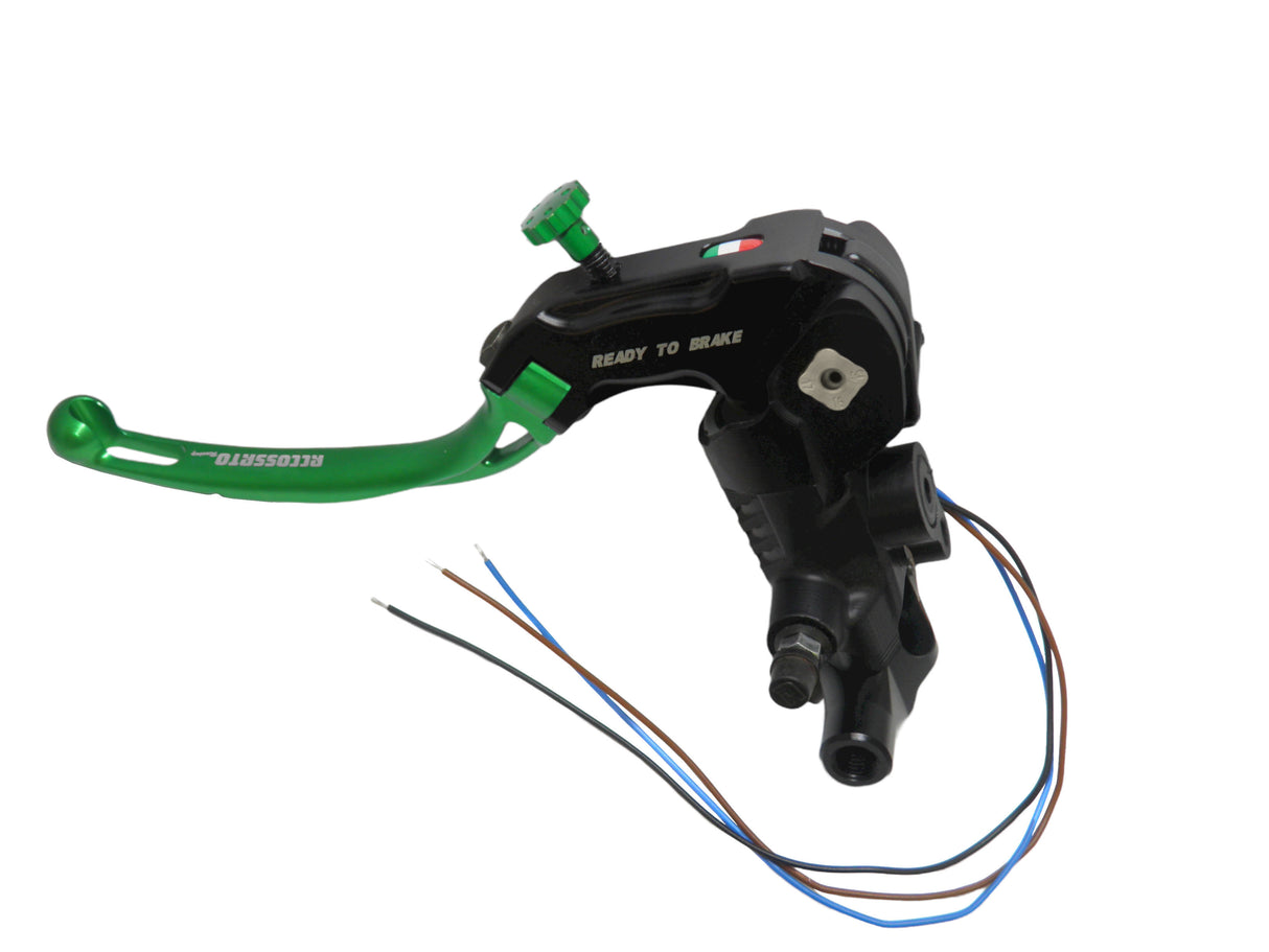 Pompa Frizione Ready To Brake Accossato PRS 16x15-16-17 Con Leva Snodata Colorata (Pomello+Leva) - Opzioni leva: RST, Supporto specchio: M8, Vaschetta in Alluminio Integrata: - N/A