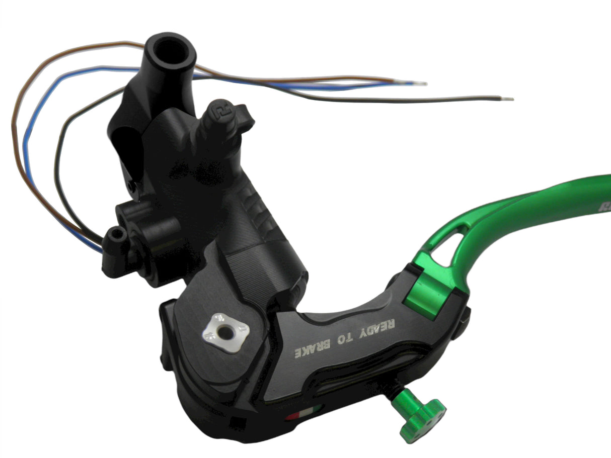Pompa Frizione Ready To Brake Accossato PRS 16x15-16-17 Con Leva Snodata Colorata (Pomello+Leva) - Opzioni leva: RST, Supporto specchio: M8, Vaschetta in Alluminio Integrata: - N/A