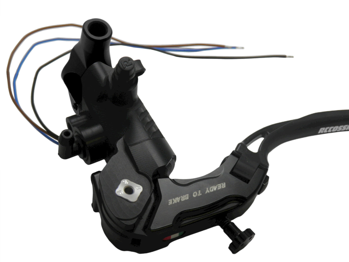 Pompa Frizione Ready To Brake Accossato PRS 16x15-16-17 Con Leva Snodata Colorata (Pomello+Leva) - Opzioni leva: RST, Supporto specchio: M10, Vaschetta in Alluminio Integrata: - N/A