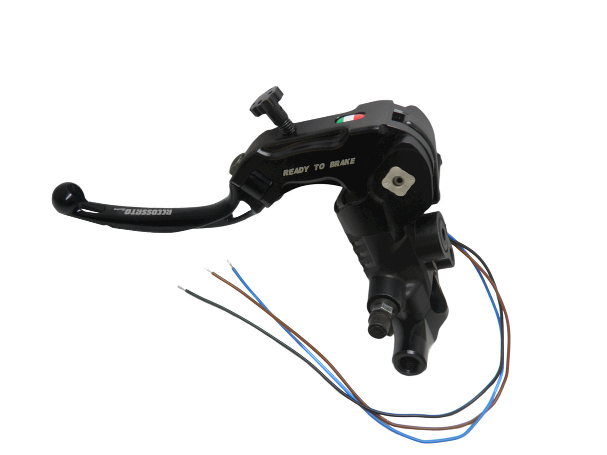 Pompa Frizione Ready To Brake Accossato PRS 16x15-16-17 Con Leva Snodata Colorata (Pomello+Leva) - Opzioni leva: RST, Supporto specchio: M8, Vaschetta in Alluminio Integrata: - N/A
