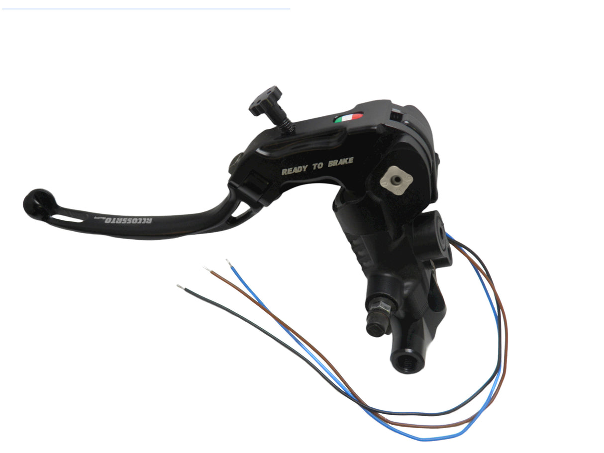 Pompa Frizione Ready To Brake Accossato PRS 16x15-16-17 Con Leva Snodata Colorata (Pomello+Leva) - Opzioni leva: RST, Supporto specchio: M10, Vaschetta in Alluminio Integrata: - N/A