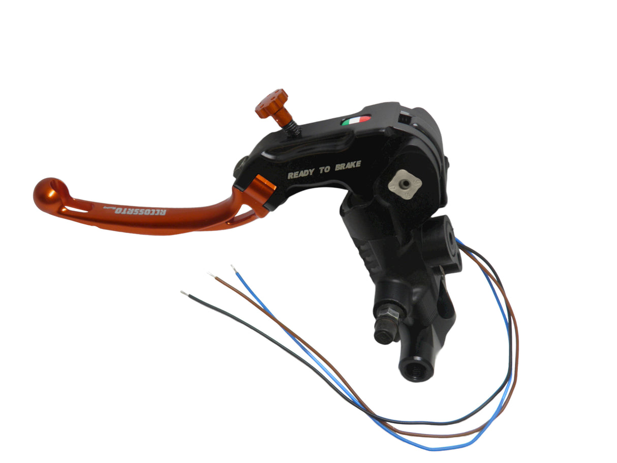 Pompa Frizione Ready To Brake Accossato PRS 16x15-16-17 Con Leva Snodata Colorata (Pomello+Leva) - Opzioni leva: RST, Supporto specchio: M8, Vaschetta in Alluminio Integrata: - N/A