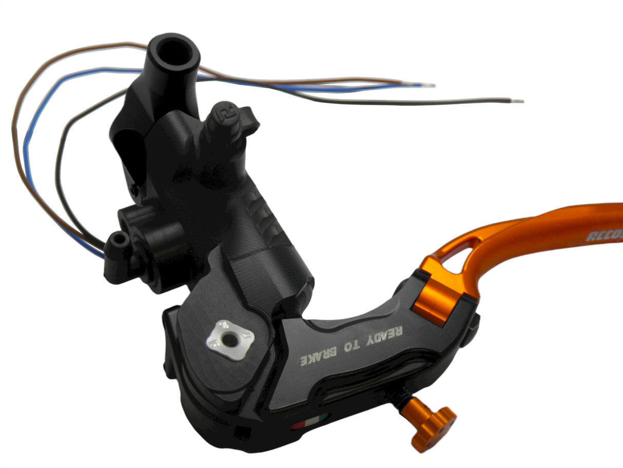 Pompa Frizione Ready To Brake Accossato PRS 16x15-16-17 Con Leva Snodata Colorata (Pomello+Leva) - Opzioni leva: RST, Supporto specchio: M8, Vaschetta in Alluminio Integrata: - N/A