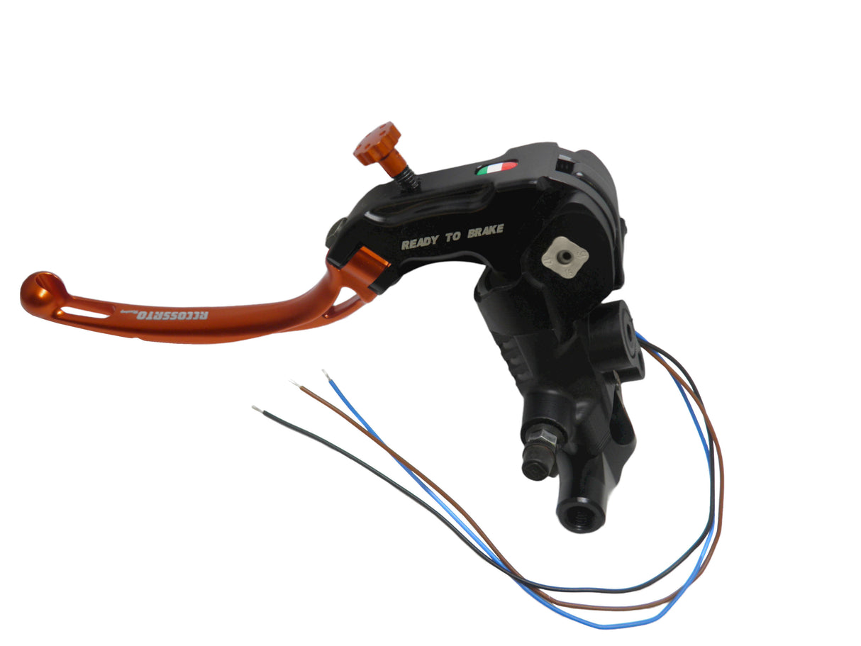 Pompa Frizione Ready To Brake Accossato PRS 16x15-16-17 Con Leva Snodata Colorata (Pomello+Leva) - Opzioni leva: RST, Supporto specchio: M8, Vaschetta in Alluminio Integrata: - N/A
