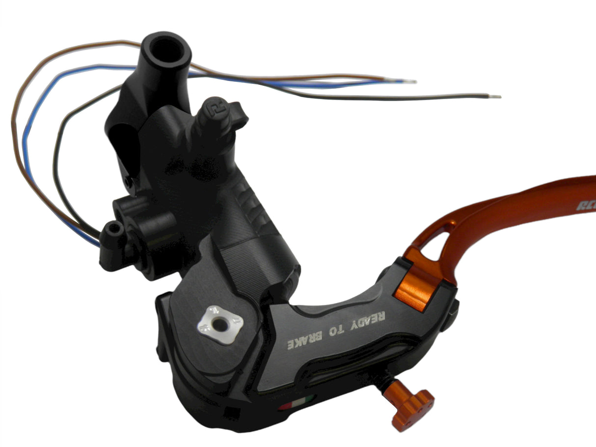 Pompa Frizione Ready To Brake Accossato PRS 16x15-16-17 Con Leva Snodata Colorata (Pomello+Leva) - Opzioni leva: RST, Supporto specchio: M8, Vaschetta in Alluminio Integrata: - N/A