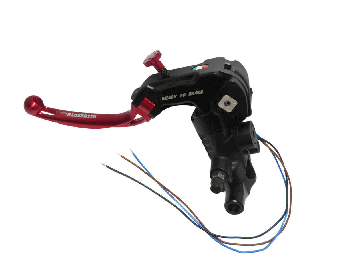 Pompa Frizione Ready To Brake Accossato PRS 16x15-16-17 Con Leva Snodata Colorata (Pomello+Leva) - Opzioni leva: RST, Supporto specchio: M10, Vaschetta in Alluminio Integrata: - N/A
