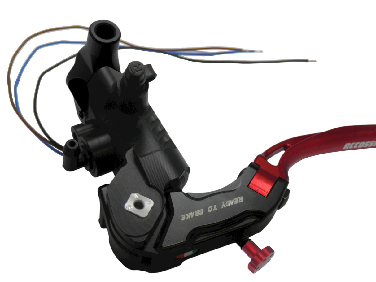 Pompa Frizione Ready To Brake Accossato PRS 16x15-16-17 Con Leva Snodata Colorata (Pomello+Leva) - Opzioni leva: RST, Supporto specchio: M8, Vaschetta in Alluminio Integrata: - N/A