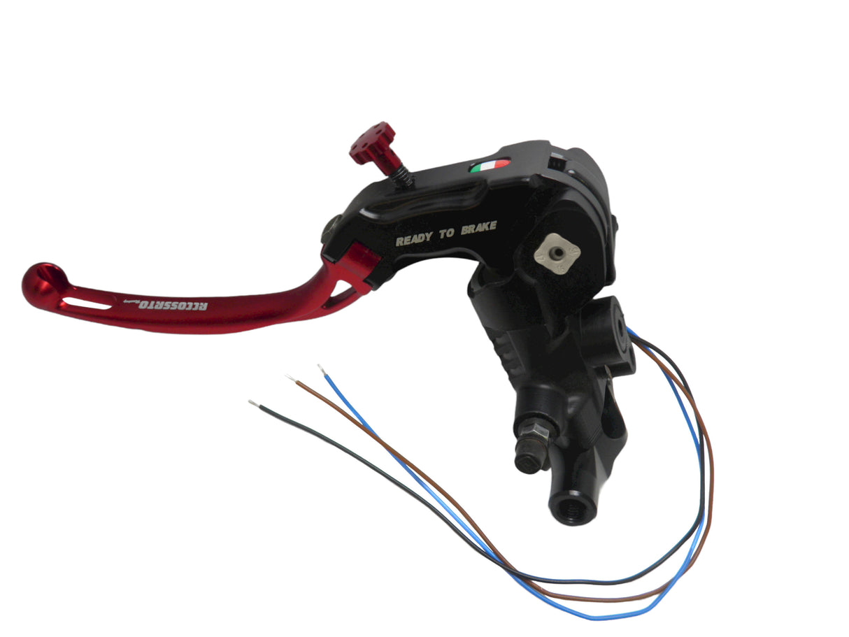 Pompa Frizione Ready To Brake Accossato PRS 16x15-16-17 Con Leva Snodata Colorata (Pomello+Leva) - Opzioni leva: RST, Supporto specchio: M8, Vaschetta in Alluminio Integrata: - N/A