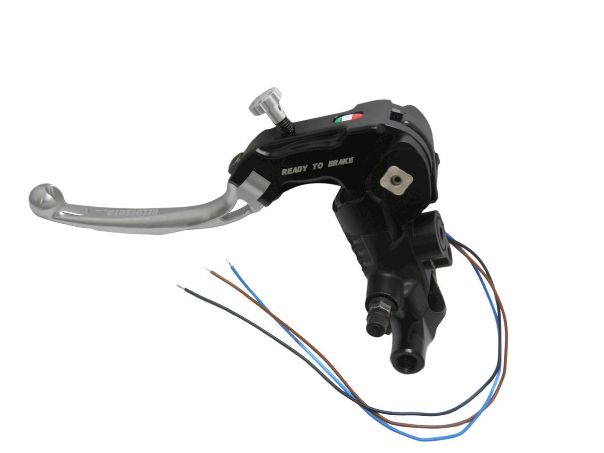Pompa Frizione Ready To Brake Accossato PRS 16x15-16-17 Con Leva Snodata Colorata (Pomello+Leva) - Opzioni leva: RST, Supporto specchio: M10, Vaschetta in Alluminio Integrata: - N/A