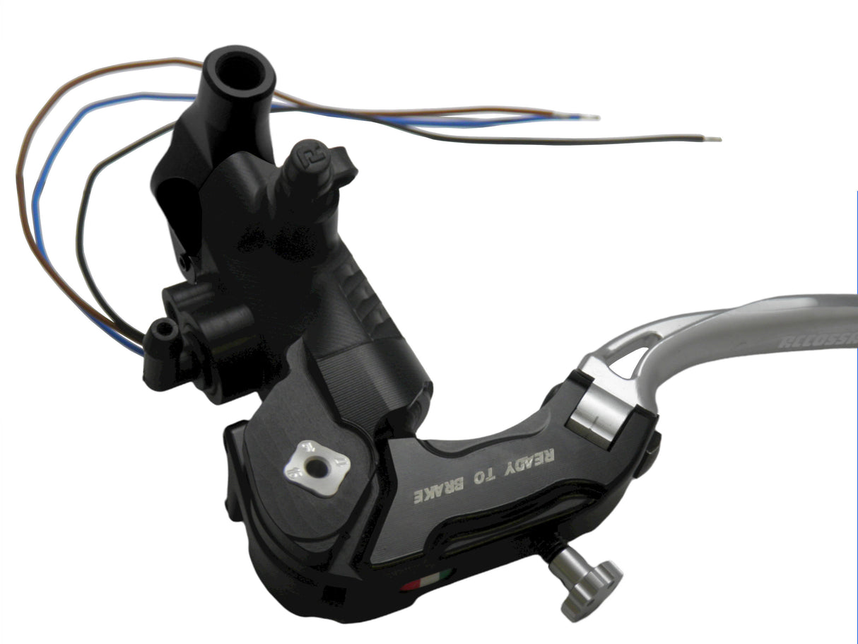Pompa Frizione Ready To Brake Accossato PRS 16x15-16-17 Con Leva Snodata Colorata (Pomello+Leva) - Opzioni leva: RST, Supporto specchio: M10, Vaschetta in Alluminio Integrata: - N/A
