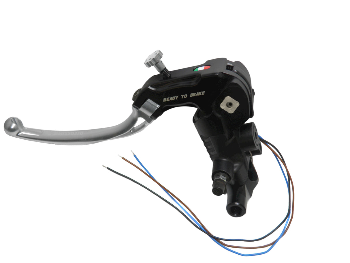 Pompa Frizione Ready To Brake Accossato PRS 16x15-16-17 Con Leva Snodata Colorata (Pomello+Leva) - Opzioni leva: RST, Supporto specchio: M10, Vaschetta in Alluminio Integrata: - N/A