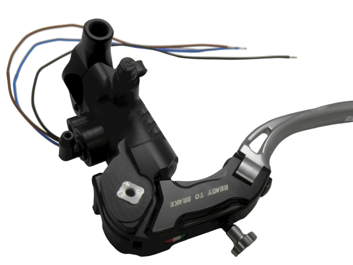 Pompa Frizione Ready To Brake Accossato PRS 16x15-16-17 Con Leva Snodata Colorata (Pomello+Leva) - Opzioni leva: RST, Supporto specchio: M8, Vaschetta in Alluminio Integrata: - N/A