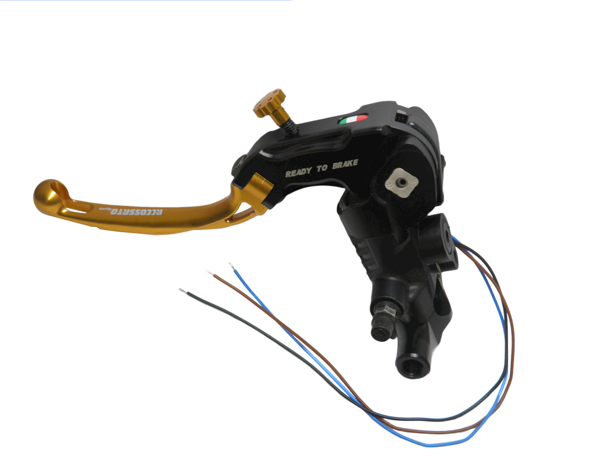 Pompa Frizione Ready To Brake Accossato PRS 16x15-16-17 Con Leva Snodata Colorata (Pomello+Leva) - Opzioni leva: RST, Supporto specchio: M10, Vaschetta in Alluminio Integrata: - N/A