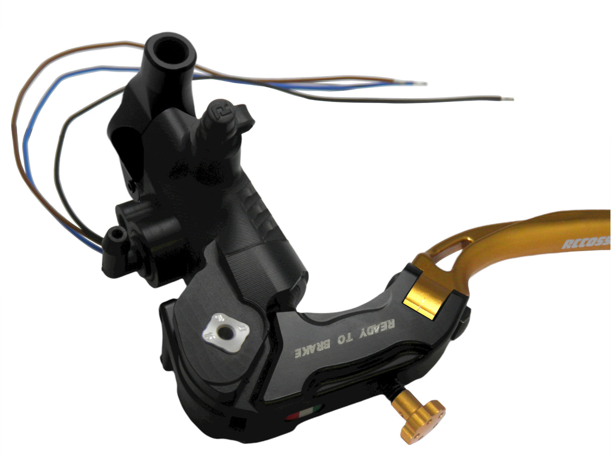 Pompa Frizione Ready To Brake Accossato PRS 16x15-16-17 Con Leva Snodata Colorata (Pomello+Leva) - Opzioni leva: RST, Supporto specchio: M10, Vaschetta in Alluminio Integrata: - N/A