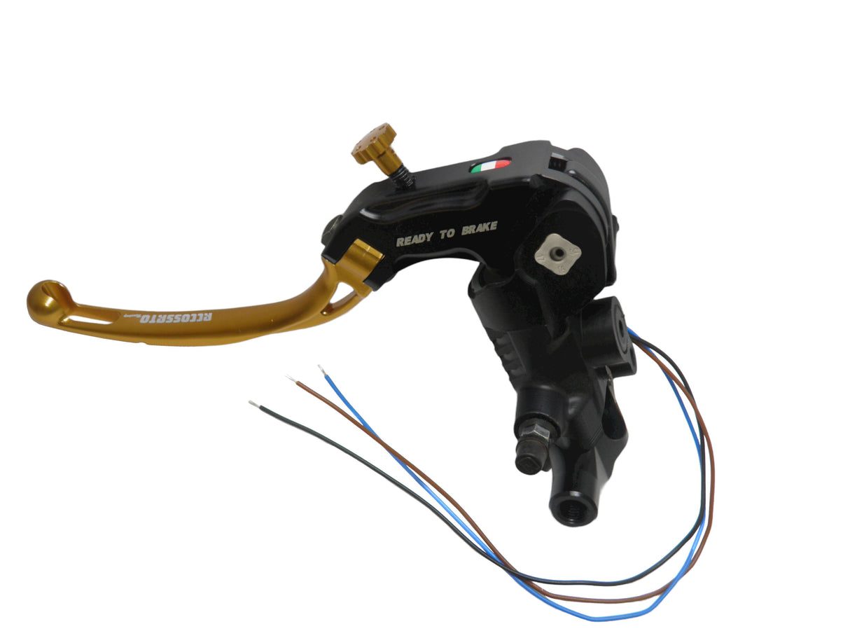 Pompa Frizione Ready To Brake Accossato PRS 16x15-16-17 Con Leva Snodata Colorata (Pomello+Leva) - Opzioni leva: RST, Supporto specchio: M8, Vaschetta in Alluminio Integrata: - N/A