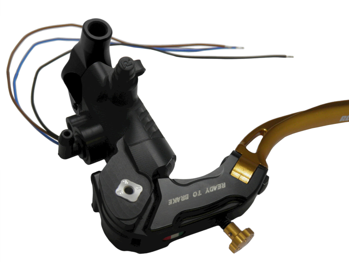 Pompa Frizione Ready To Brake Accossato PRS 16x15-16-17 Con Leva Snodata Colorata (Pomello+Leva) - Opzioni leva: RST, Supporto specchio: M8, Vaschetta in Alluminio Integrata: - N/A