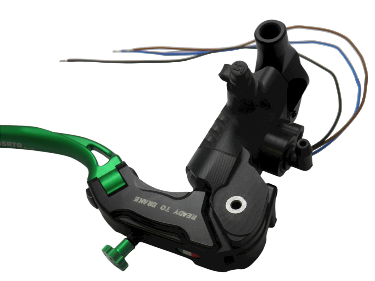 Pompa Freno Ready To Brake Accossato 17x18 Con Leva Snodata Colorata (Pomello+Leva) - Supporto specchio: M8, Vaschetta in Alluminio Integrata: - N/A
