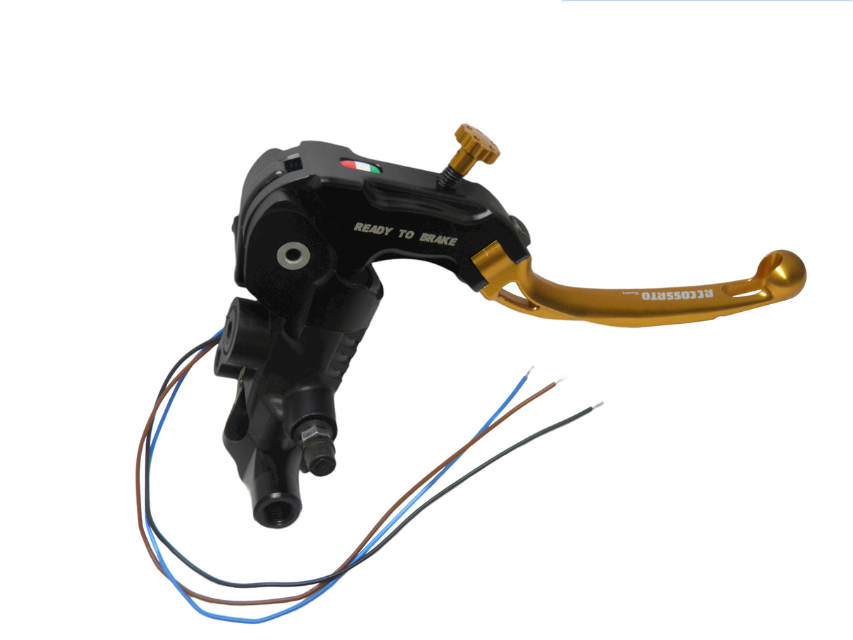 Pompa Freno Ready To Brake Accossato 17x18 Con Leva Snodata Colorata (Pomello+Leva) - Supporto specchio: M8, Vaschetta in Alluminio Integrata: - N/A