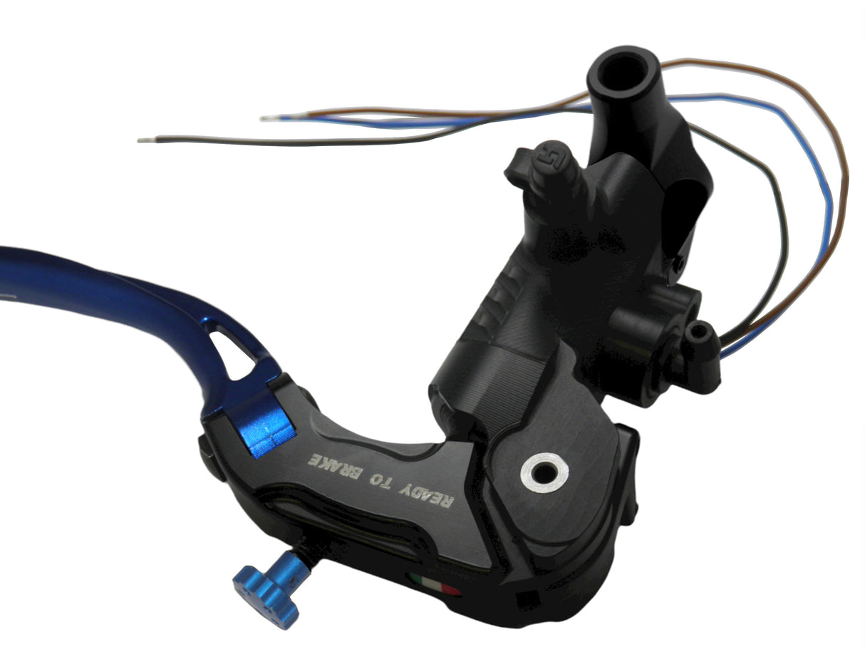 Pompa Freno Ready To Brake Accossato 17x20 Con Leva Snodata Colorata (Pomello+Leva) - Supporto specchio: M8, Vaschetta in Alluminio Integrata: - N/A
