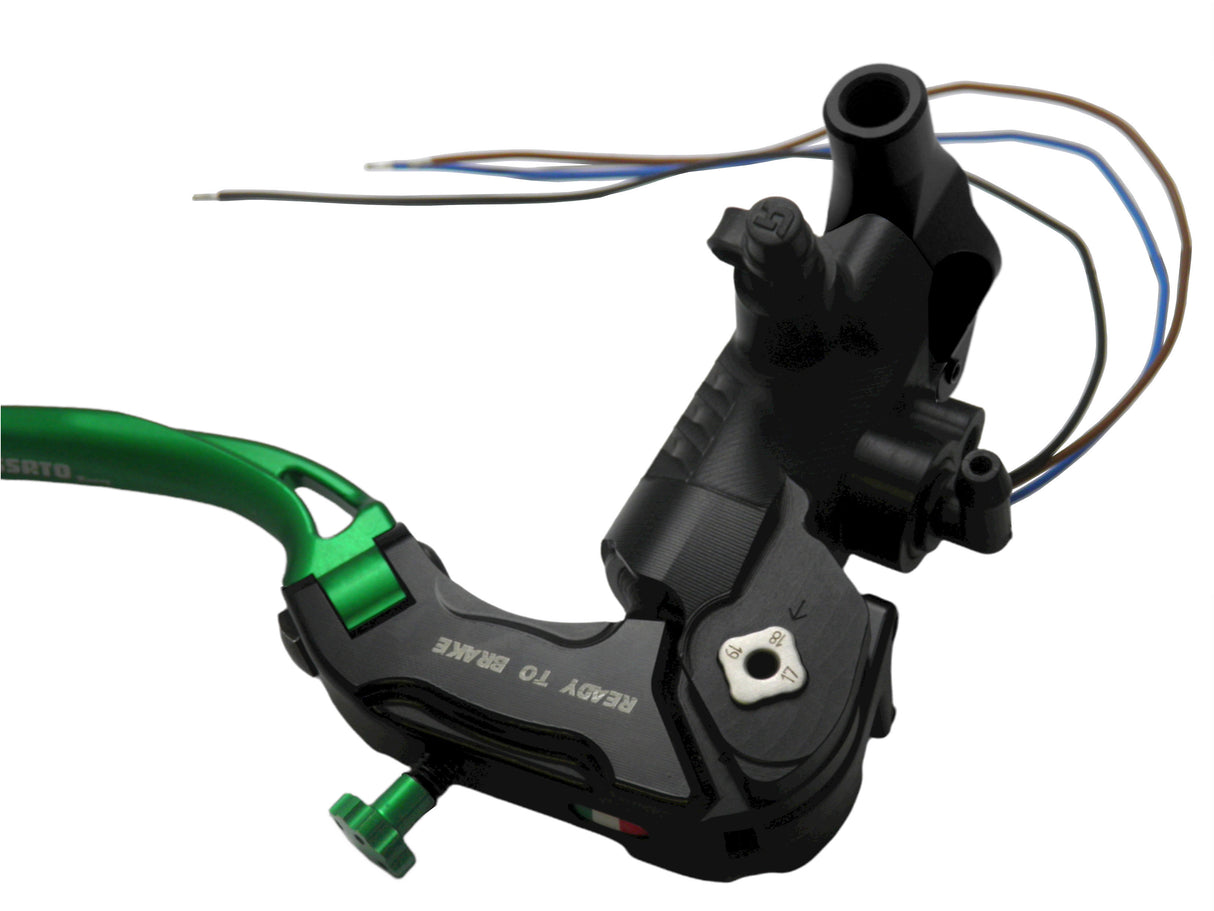 Pompa Freno Ready To Brake Accossato PRS 17x17-18-19 Con Leva Snodata Colorata (Pomello+Leva) - Opzioni leva: RST, Supporto specchio: M8, Vaschetta in Alluminio Integrata: - N/A