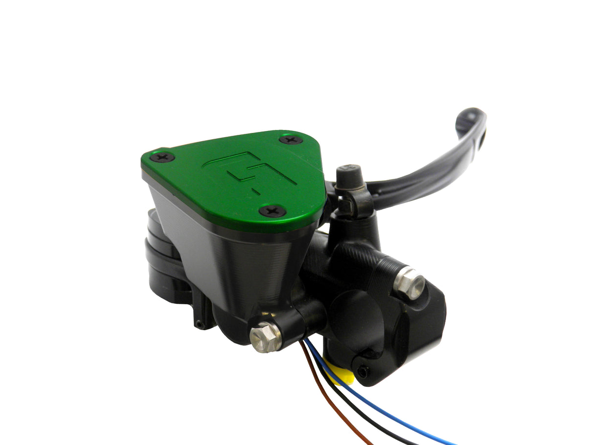 Pompa Freno Ready To Brake Accossato PRS 17x17-18-19 Con Leva Snodata Colorata (Pomello+Leva) - Opzioni leva: RST, Supporto specchio: M10, Vaschetta in Alluminio Integrata: Verde
