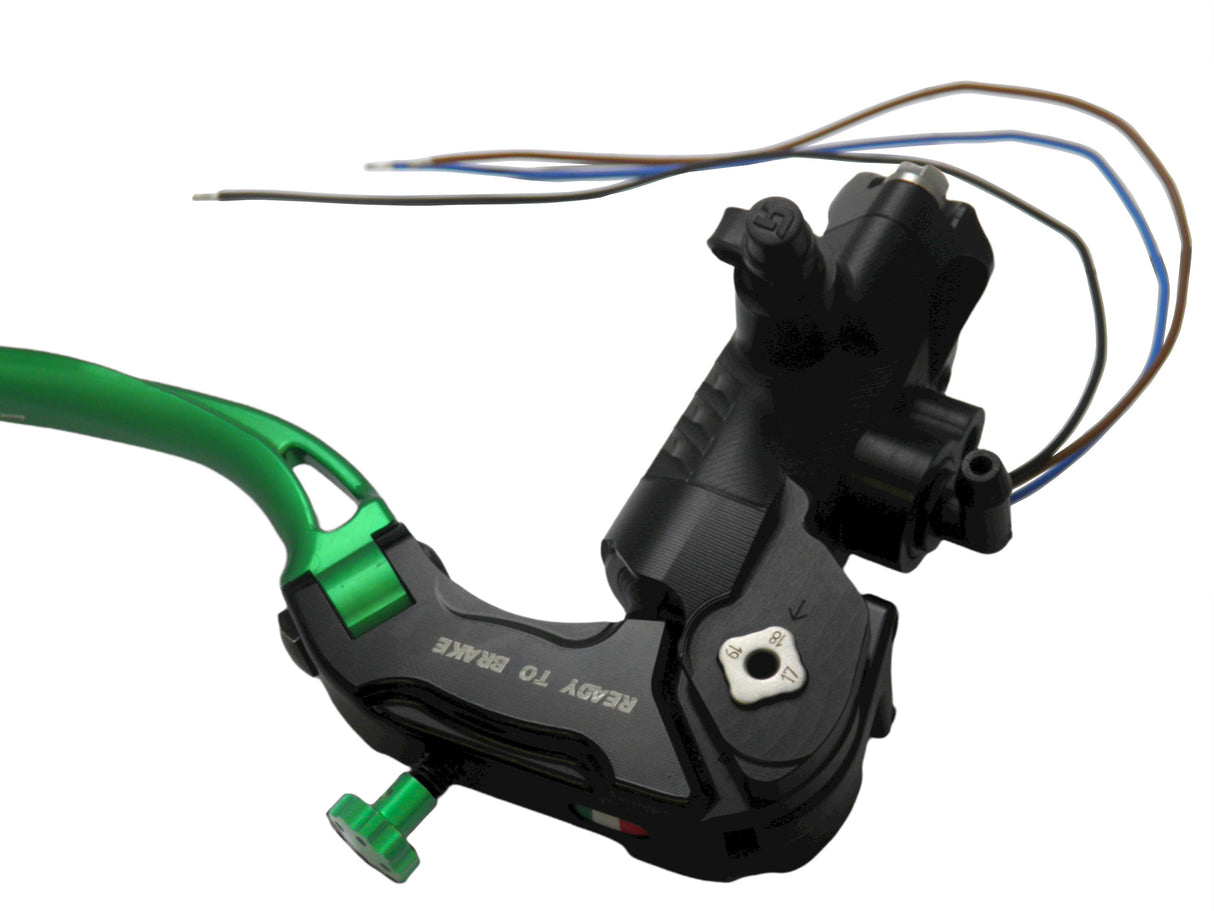 Pompa Freno Ready To Brake Accossato PRS 17x17-18-19 Con Leva Snodata Colorata (Pomello+Leva) - Opzioni leva: RST, Supporto specchio: - N/A, Vaschetta in Alluminio Integrata: - N/A