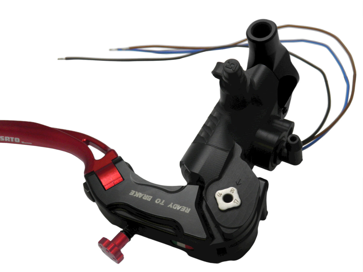 Pompa Freno Ready To Brake Accossato PRS 17x17-18-19 Con Leva Snodata Colorata (Pomello+Leva) - Opzioni leva: RST, Supporto specchio: M10, Vaschetta in Alluminio Integrata: - N/A