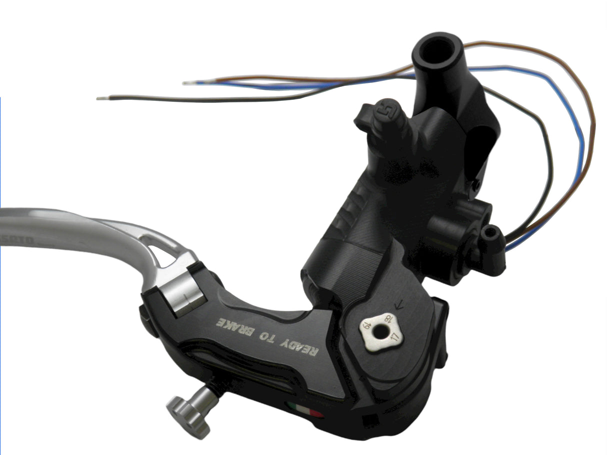 Pompa Freno Ready To Brake Accossato PRS 17x17-18-19 Con Leva Snodata Colorata (Pomello+Leva) - Opzioni leva: RST, Supporto specchio: M8, Vaschetta in Alluminio Integrata: - N/A