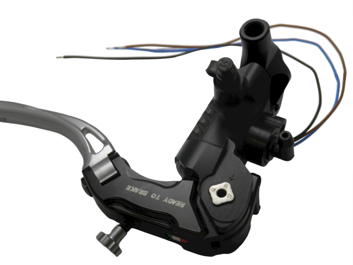 Pompa Freno Ready To Brake Accossato PRS 17x17-18-19 Con Leva Snodata Colorata (Pomello+Leva) - Opzioni leva: RST, Supporto specchio: M8, Vaschetta in Alluminio Integrata: - N/A