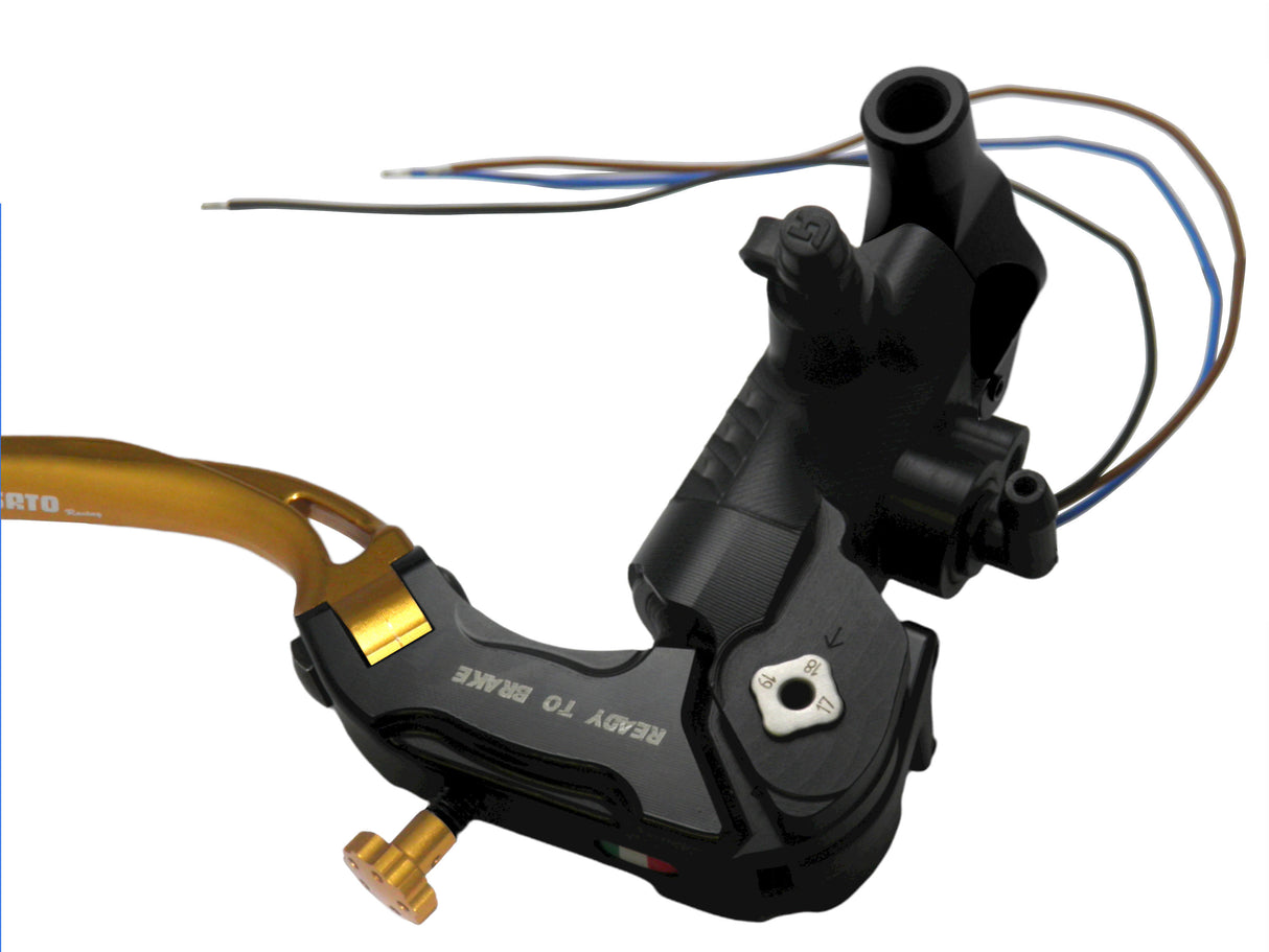 Pompa Freno Ready To Brake Accossato PRS 17x17-18-19 Con Leva Snodata Colorata (Pomello+Leva) - Opzioni leva: RST, Supporto specchio: M8, Vaschetta in Alluminio Integrata: - N/A